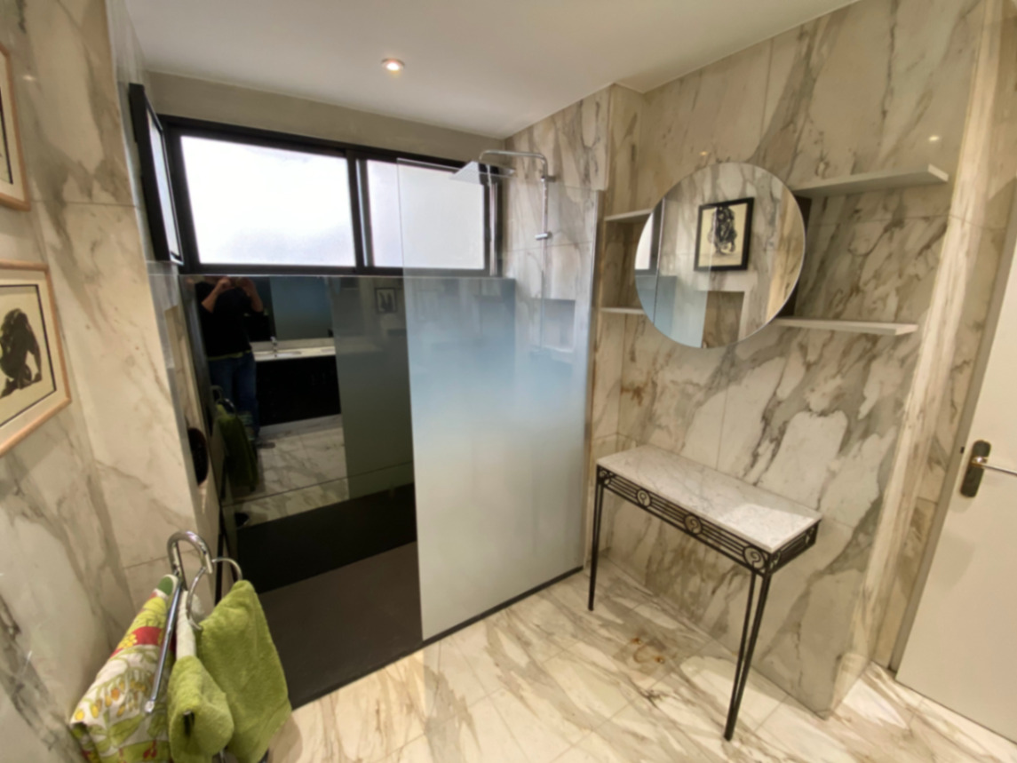 Paris bathroom — Calacatta marble walk-in shower